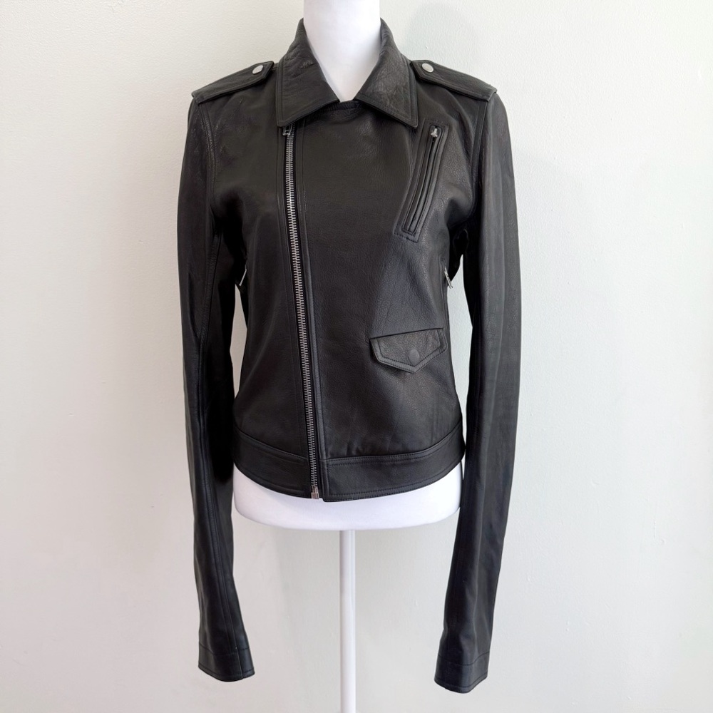 RICK OWENS BLACK LEATHER SILVER ZIP UP MOTORCYCLE MOTO BIKER JACKET - Picture 3 of 16